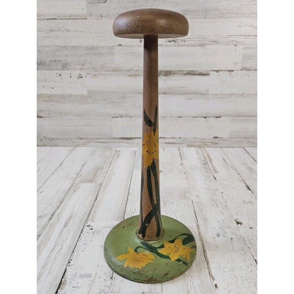 Vintage Yellow Floral Hand Painted Wooden Hat Stand Display Euro Farmhouse 10.5\